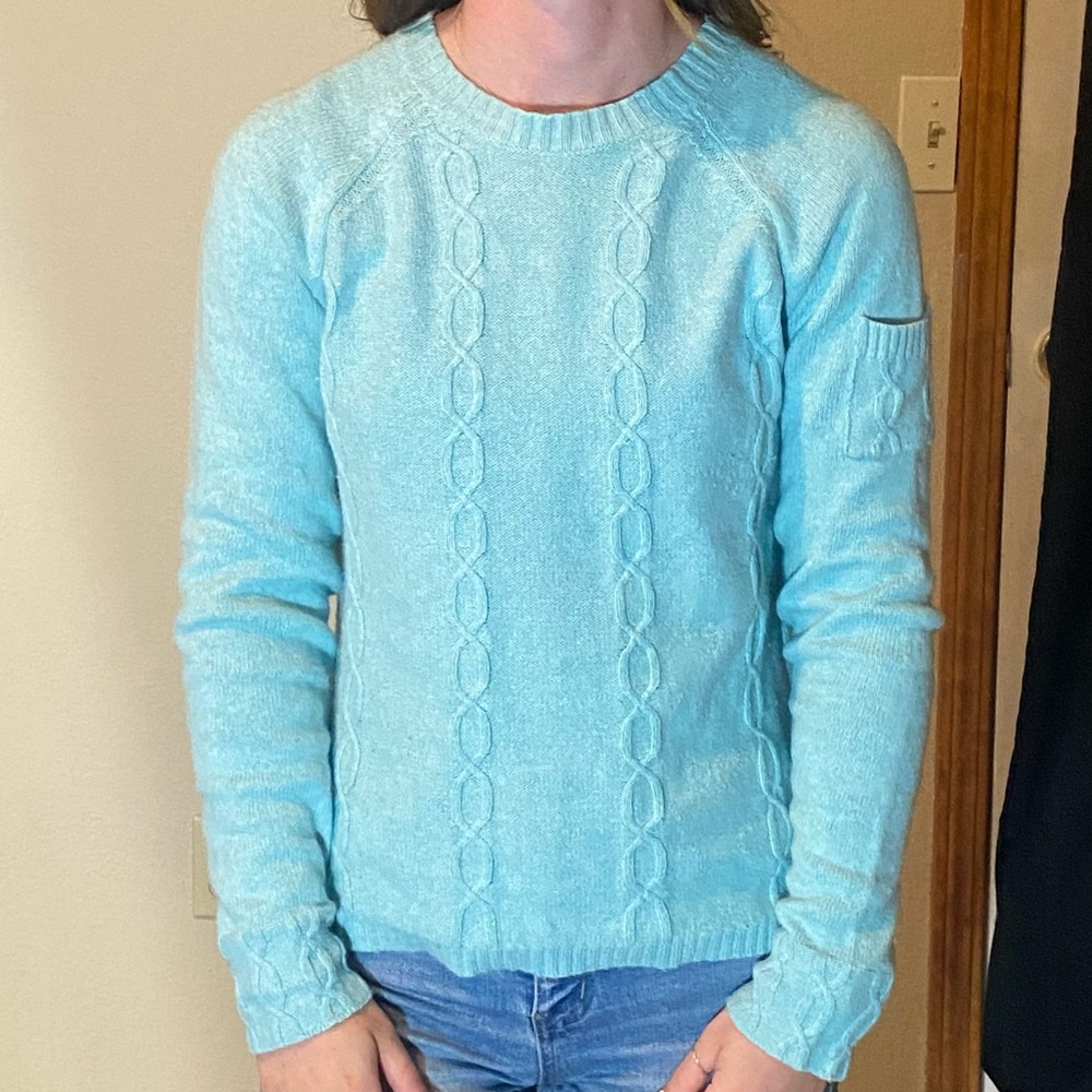 Colombia teal cable knit sweater